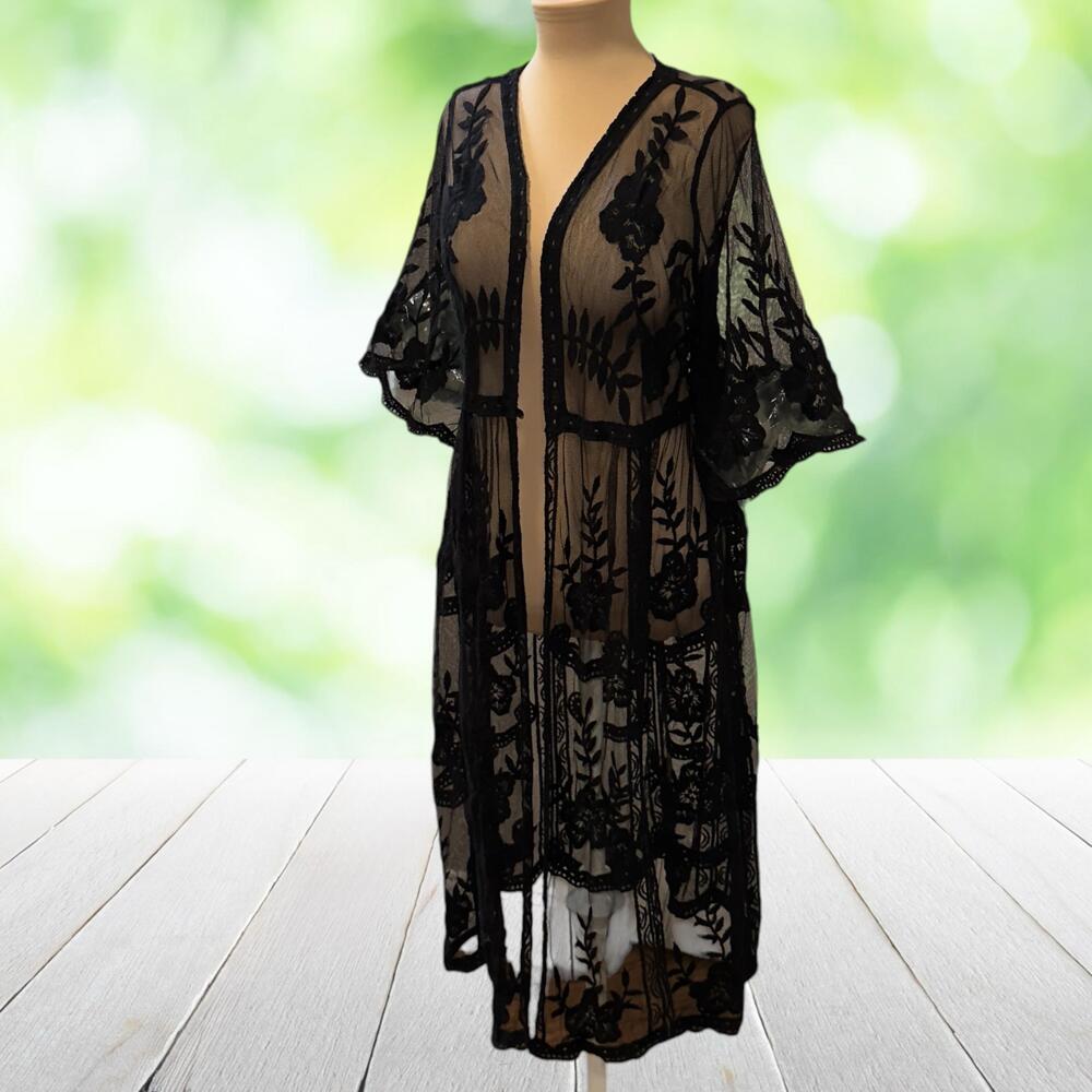 RACHEL ZOE Embroidered Mesh Kimono Duster Sheer Black Whimsigoth One Size S/M